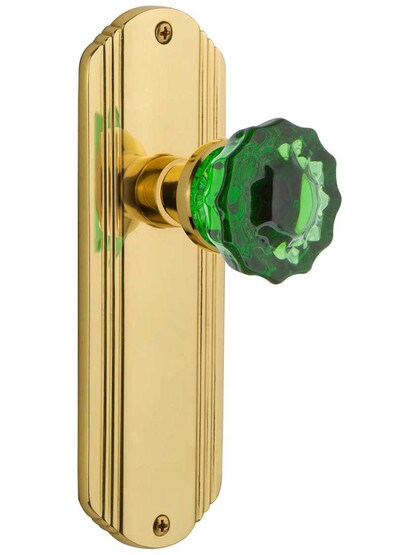 Streamline Deco Door Set with Colored Fluted Crystal Glass Knobs Emerald in Polished Brass.